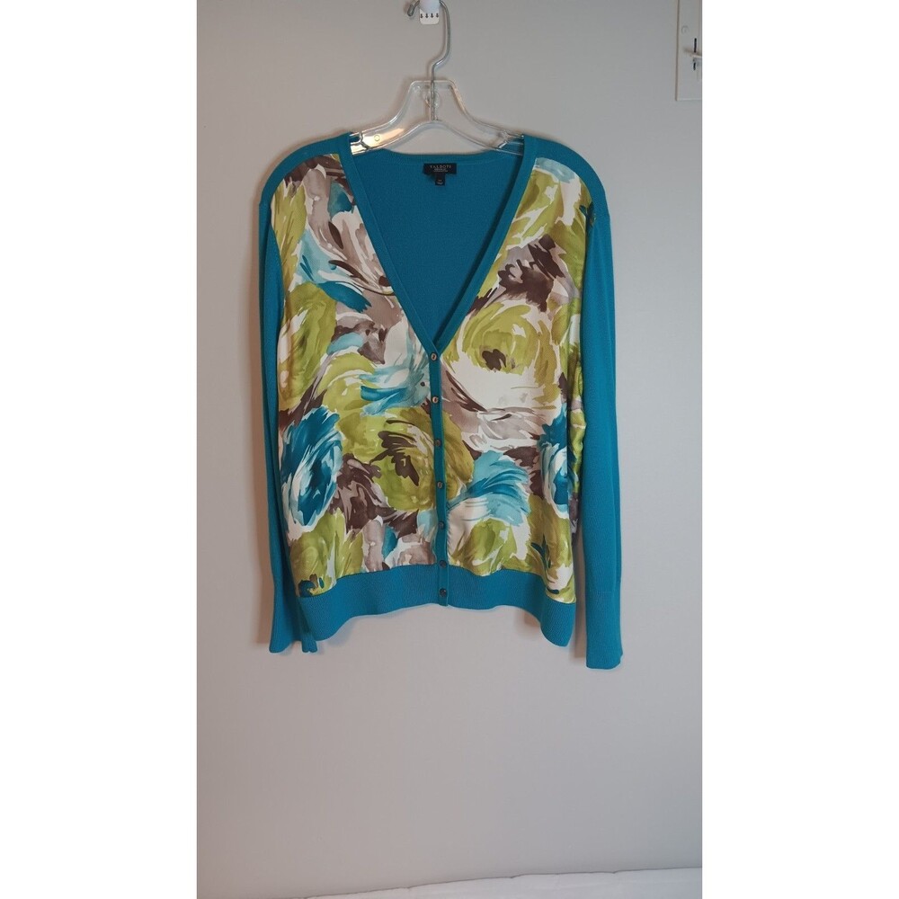 Talbots Blue Floral Silk Cardigan Button Front Size XL PETITE V Neck